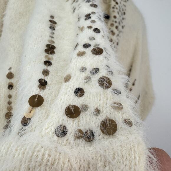 Anthropologie Knitted Knotted XS Crop Bolero Open Cardigan Ivory Sequined Fuzzy - Picture 6 of 12